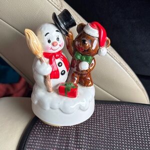 Vintage 1990s Festive Snowman and Bear Holiday Music Playing Figurine